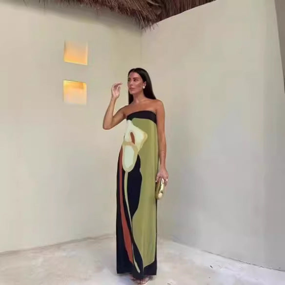 Casual Avocado Print Tube Top Dress